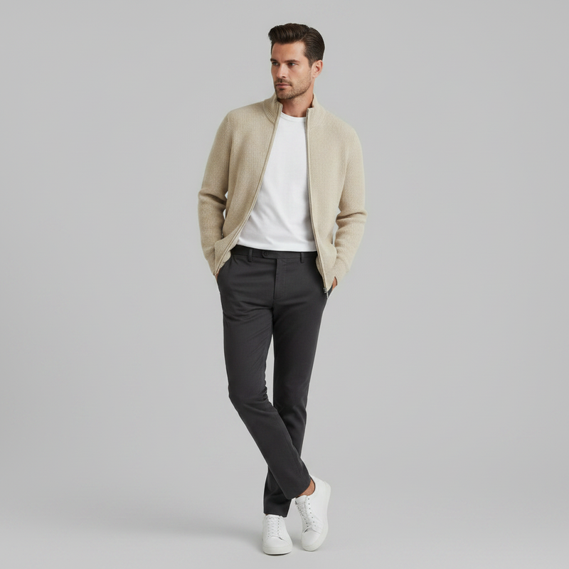Men's Black Zip Up Cardigan | Slim Fit Ribbed Knit Style