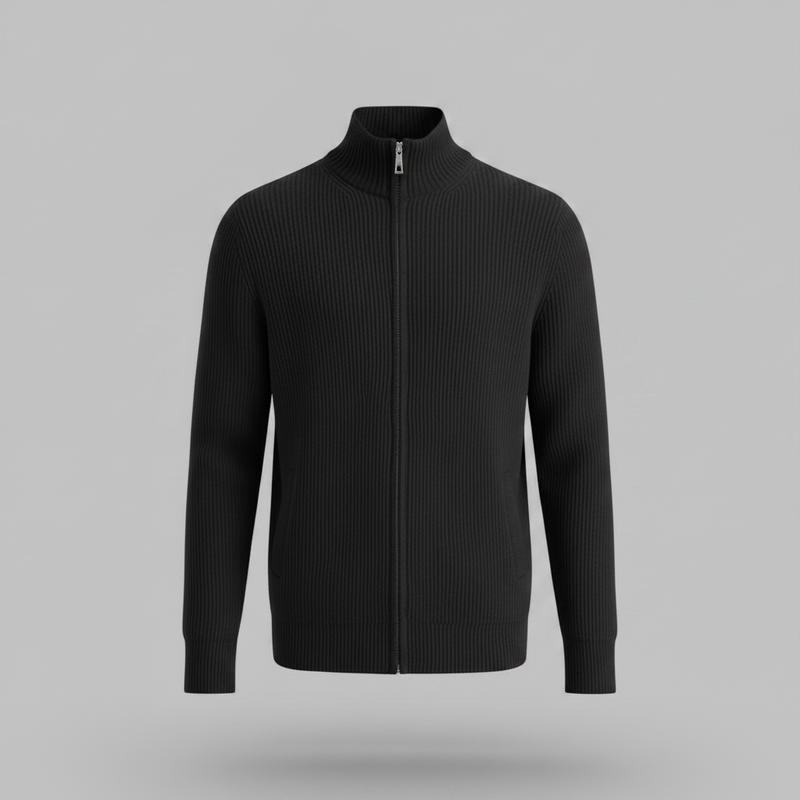 Men's Black Zip Up Cardigan | Slim Fit Ribbed Knit Style