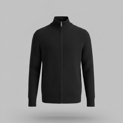 Men's Black Zip Up Cardigan | Slim Fit Ribbed Knit Style