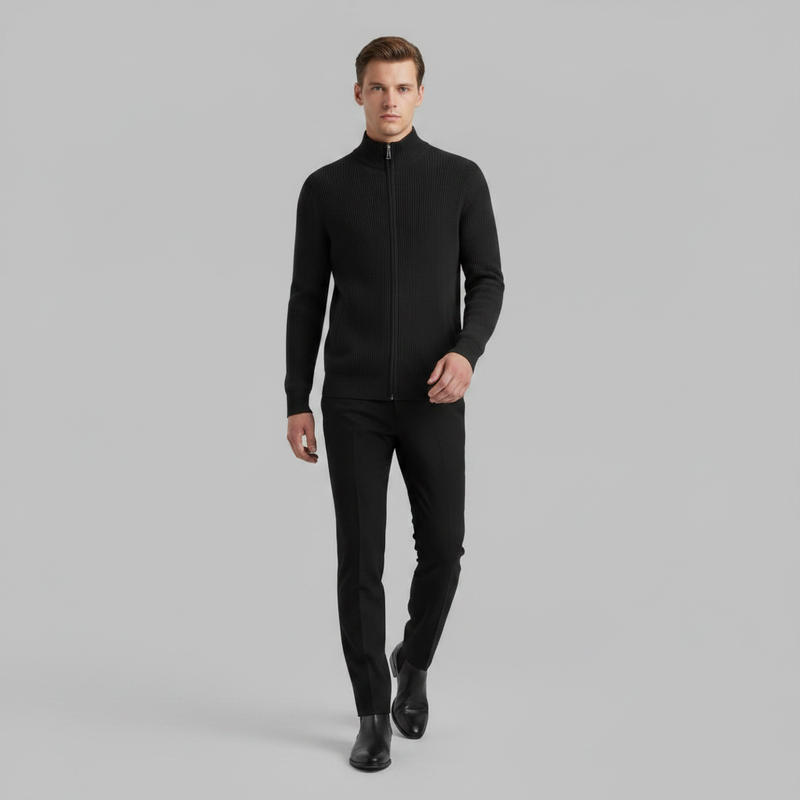 Men's Black Zip Up Cardigan | Slim Fit Ribbed Knit Style