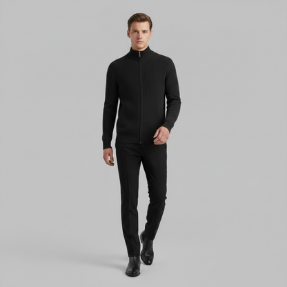 Men's Black Zip Up Cardigan | Slim Fit Ribbed Knit Style