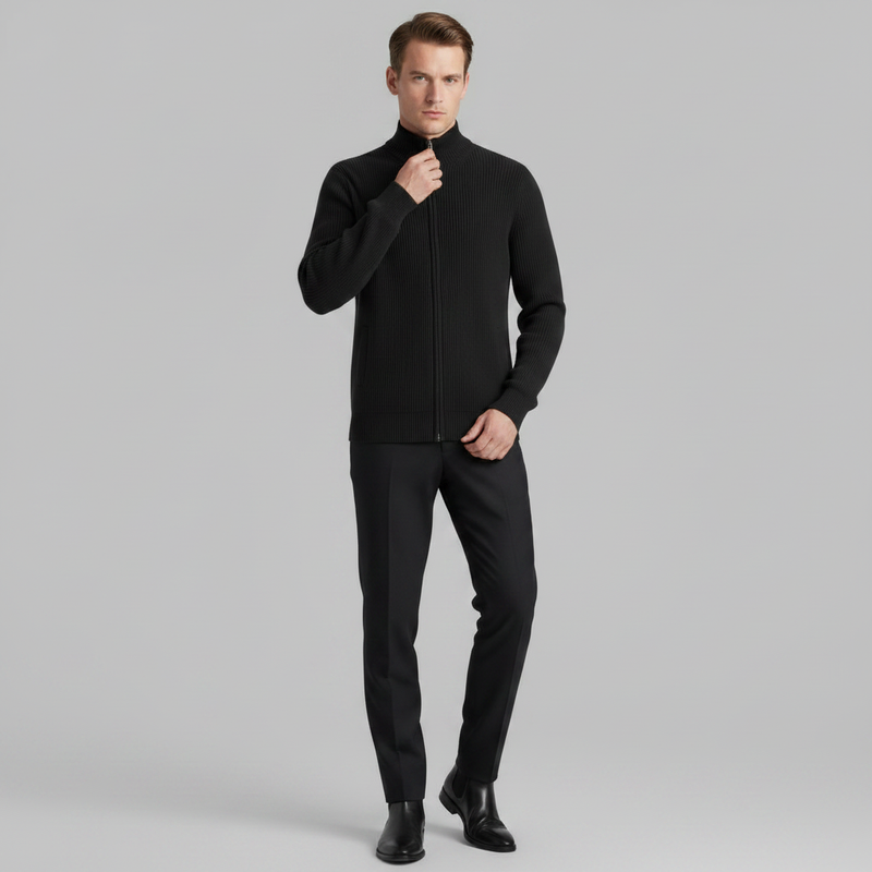 Men's Black Zip Up Cardigan | Slim Fit Ribbed Knit Style