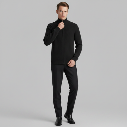Men's Black Zip Up Cardigan | Slim Fit Ribbed Knit Style