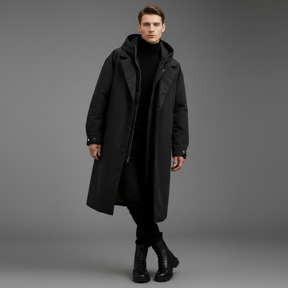 Men's Waterproof Puffer Trench Coat | Long Hooded Jacket