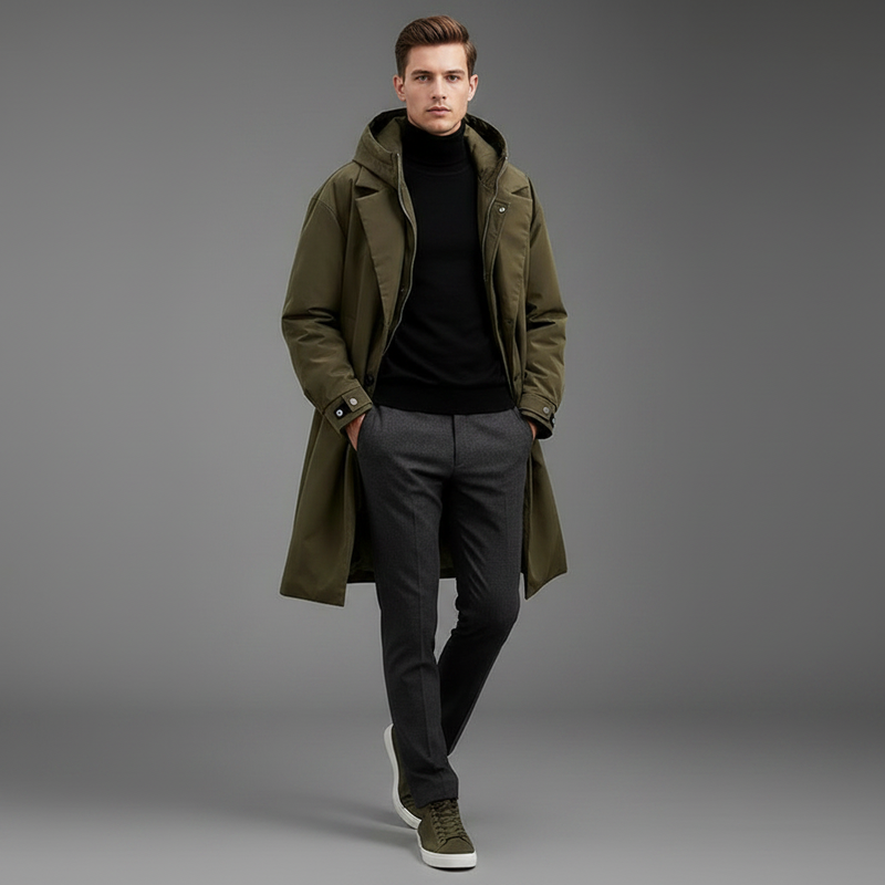 Men's Waterproof Puffer Trench Coat | Long Hooded Jacket