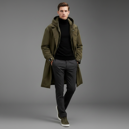 Men's Waterproof Puffer Trench Coat | Long Hooded Jacket