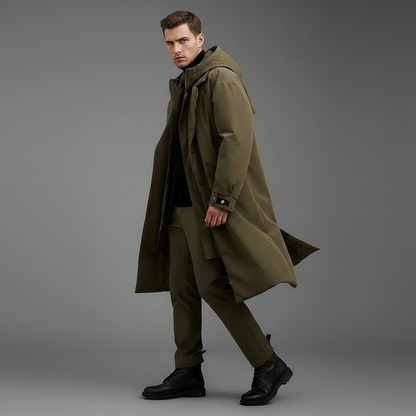 Men's Waterproof Puffer Trench Coat | Long Hooded Jacket